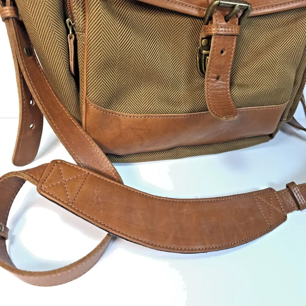 L.L. Bean Canvas Leather Crossbody Messenger Bag Brown Herringbone Travel Field